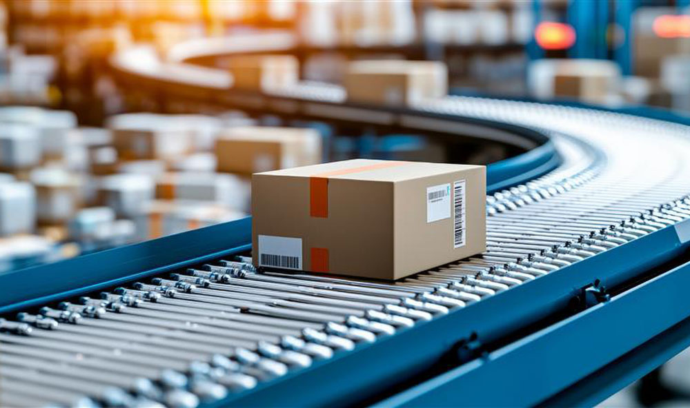 parcel moving along a conveyer belt in a warehouse