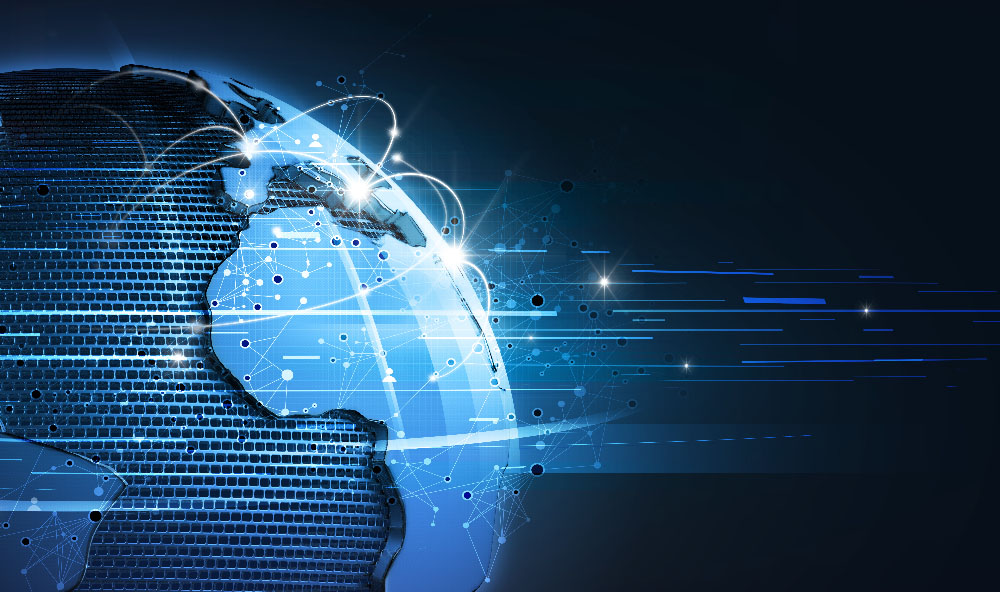 Digital illustration of a glowing, blue-toned globe with interconnected data points and light trails, symbolizing global communication, technology, and information networks.
