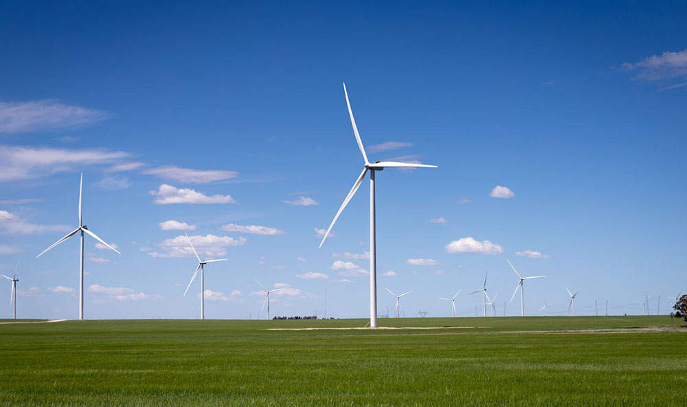 Wind Turbines in Green Field under Blue Sky