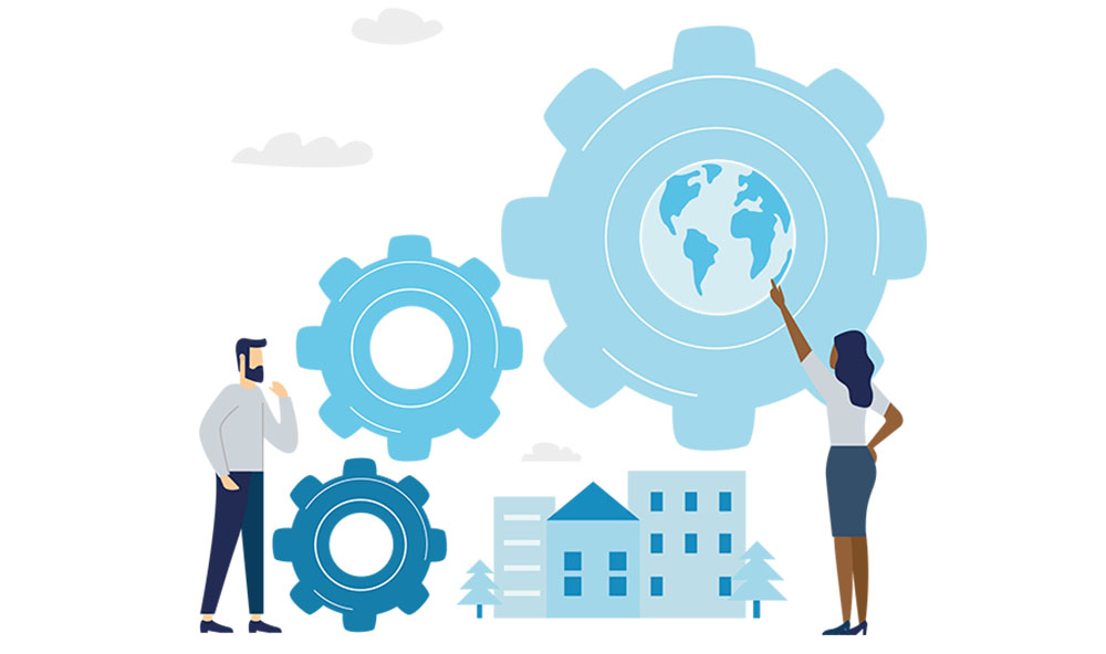 This illustration depicts two individuals, a man and a woman, in professional dress. The woman is pointing to an image of a cog, with the earth inside it. There are 3 cogs and some buildings and trees depicted in the image.