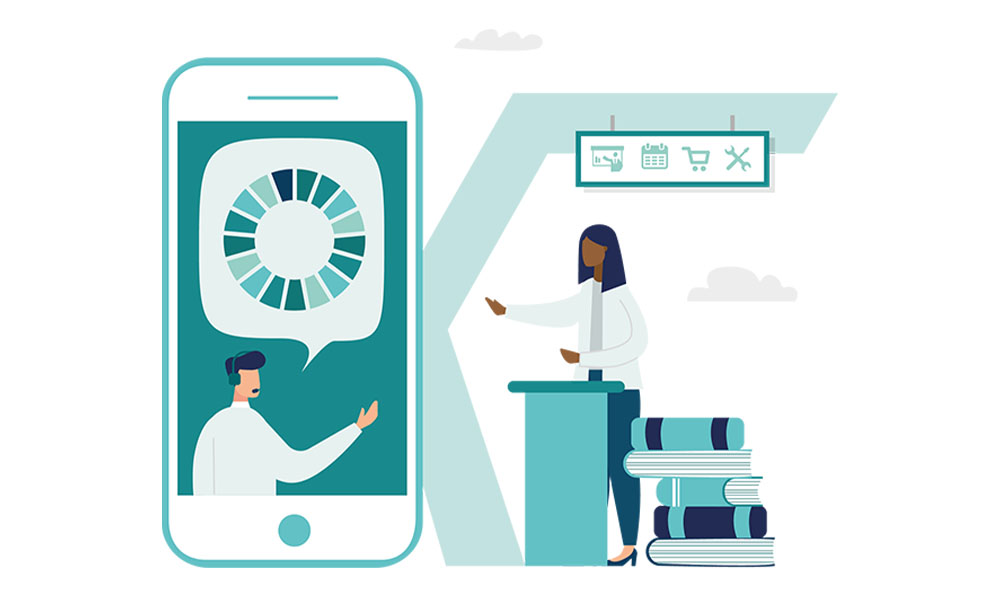 This illustration depicts a video of a man giving a presentation as viewed from an iphone, and a woman giving a presentation with a large stack of books behind her.
