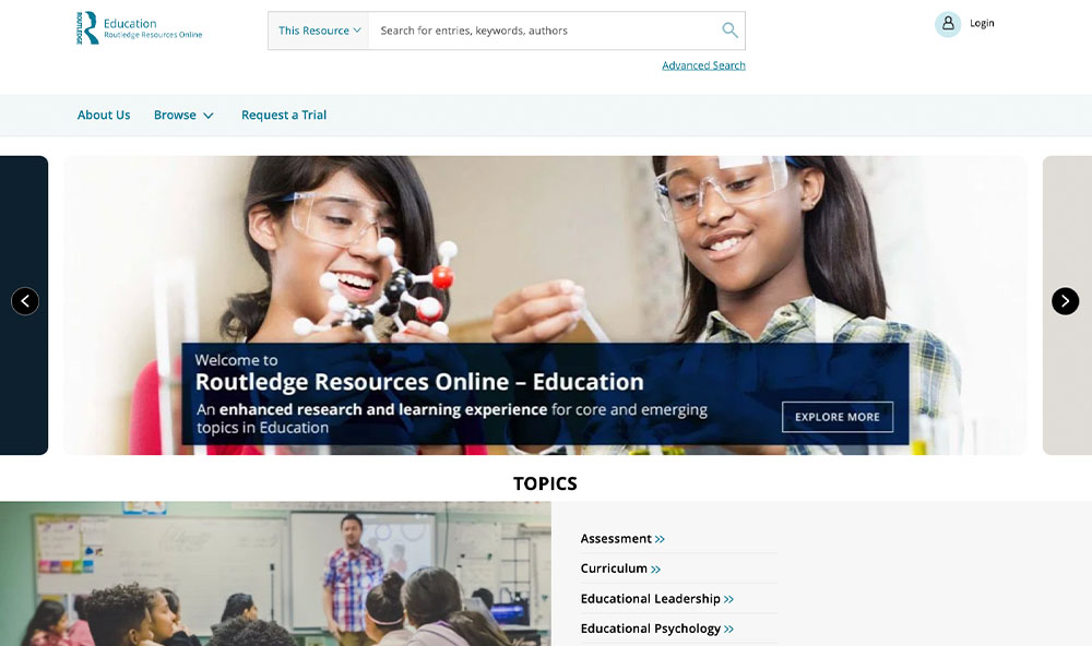 A screenshot of the Routledge Resources Online homepage, featuring two students in a science classroom experimenting with models. The banner reads 'Welcome to Routledge Resources Online – Education' with a call to 'Explore More.' Below are topic links like assessment, curriculum, and educational leadership.