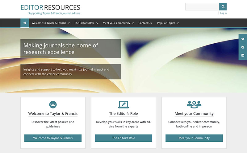 Homepage of the Taylor & Francis Editor Resources site, promoting support and guidance for journal editors.