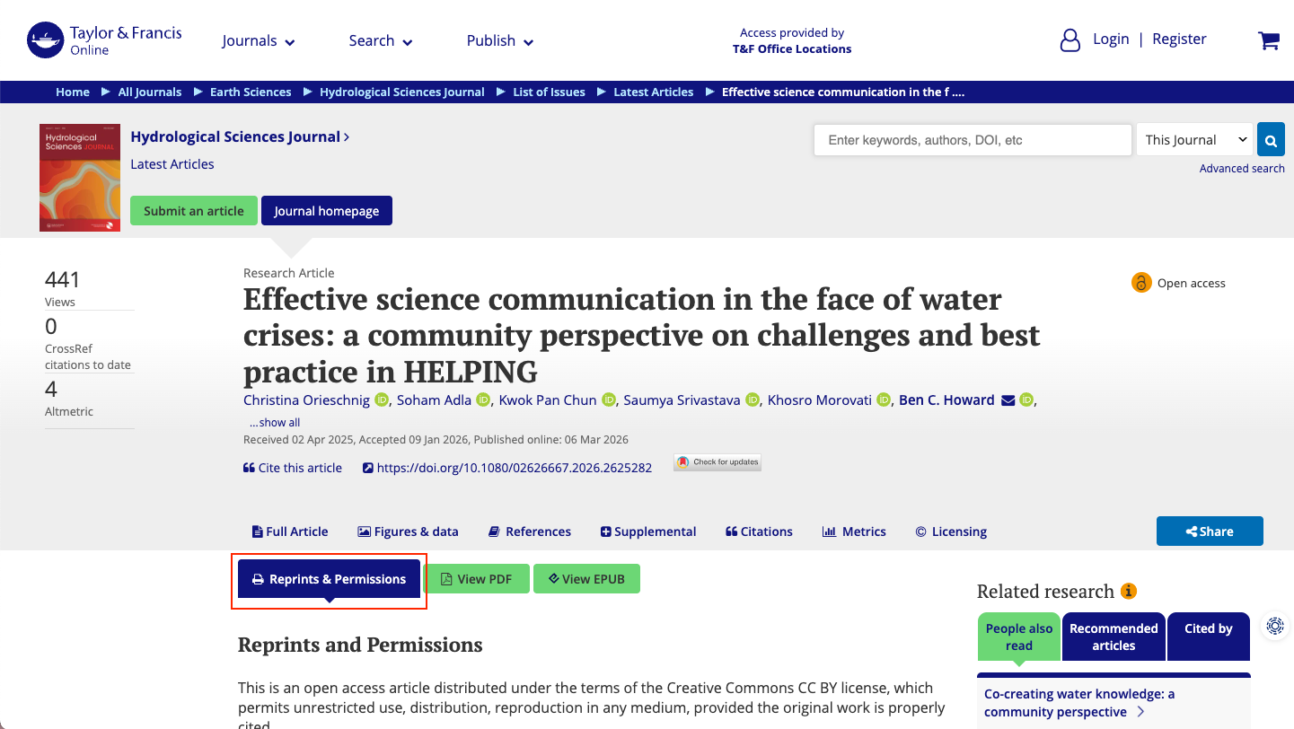 Screenshot of a journal article page on Taylor & Francis Online, highlighting the 'Reprints & Permissions' tab
