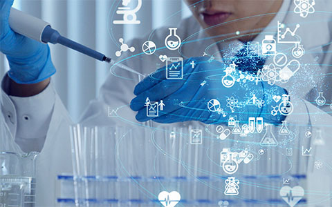 A stylized graphic of a lab technician photograph, with overlay of abstract science related imagery.